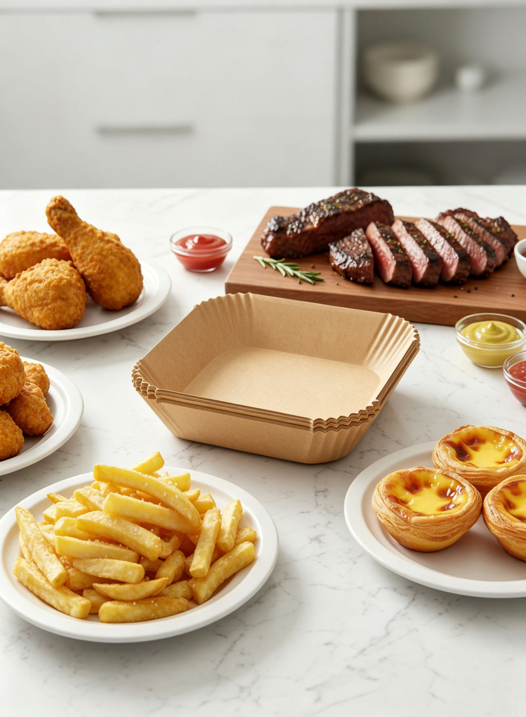 Air fryer paper liners with food on table
