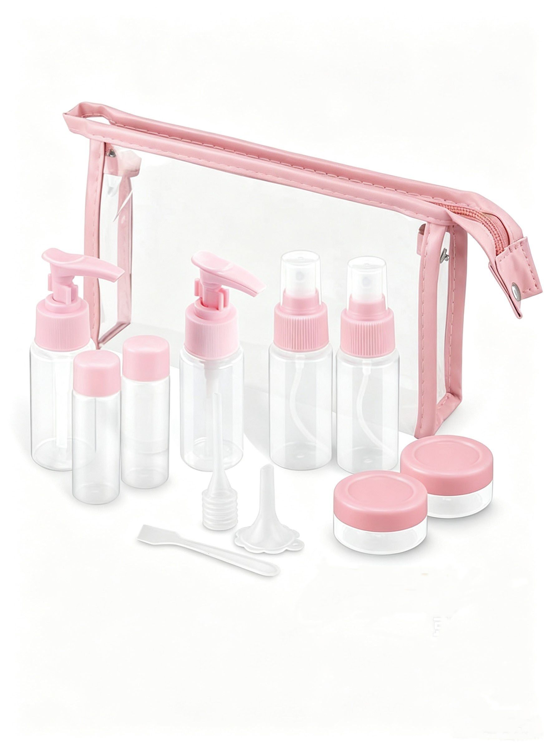11-piece pink travel bottles set with clear toiletry bag