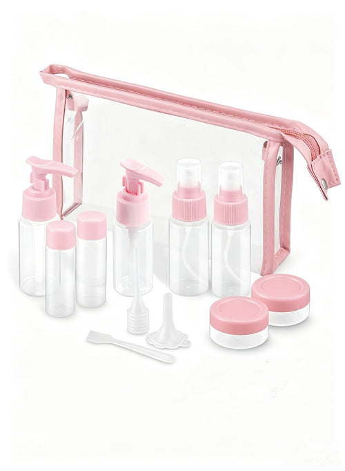 11-piece pink travel bottles set with clear toiletry bag