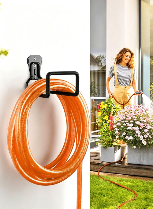 Heavy Duty Wall Hook mounted on wall with garden hose