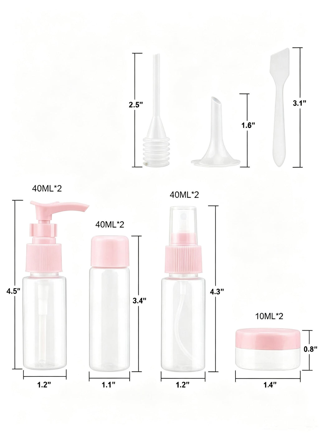 Dimensions of travel bottles and accessories