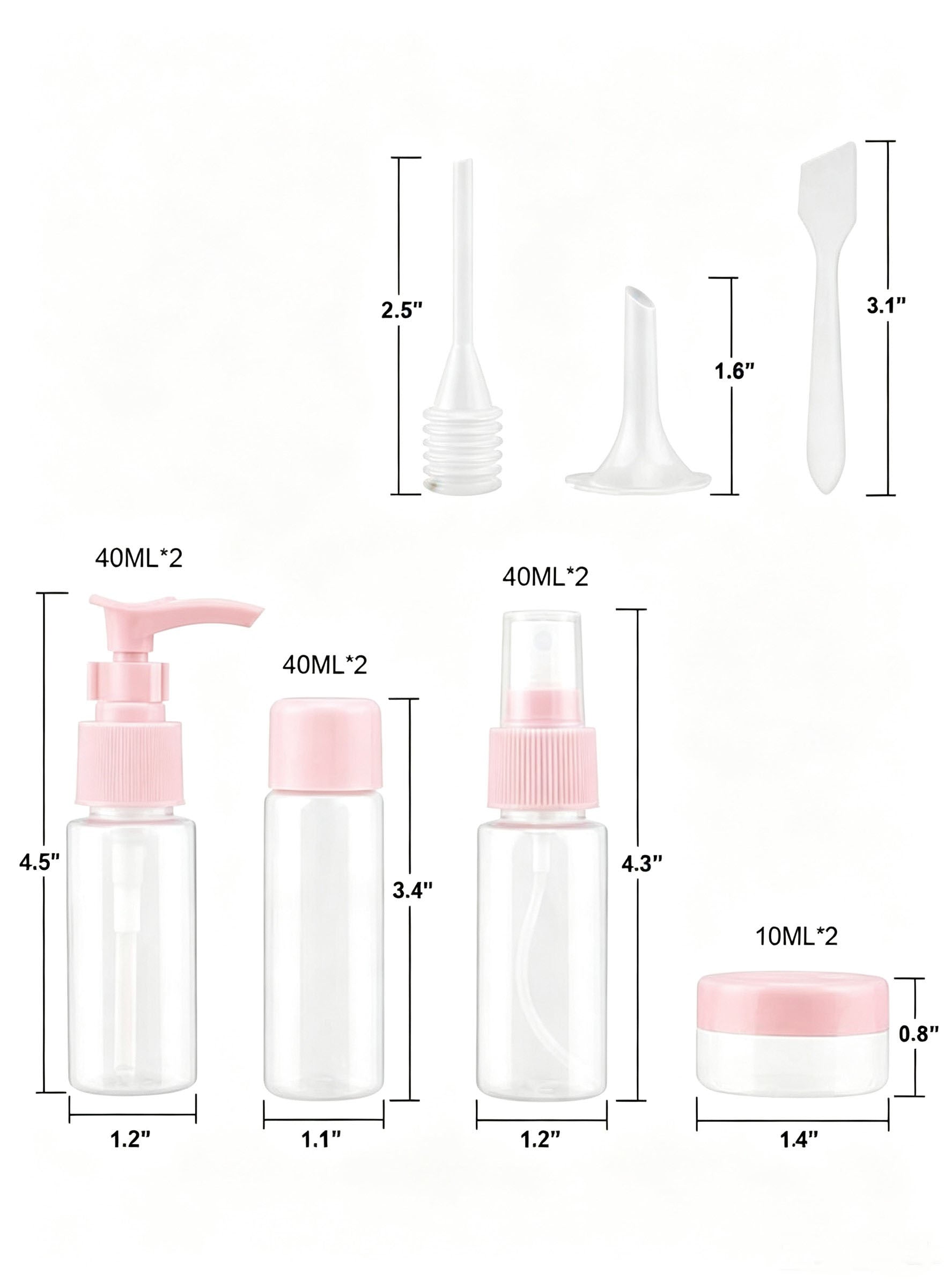 Dimensions of travel bottles and accessories