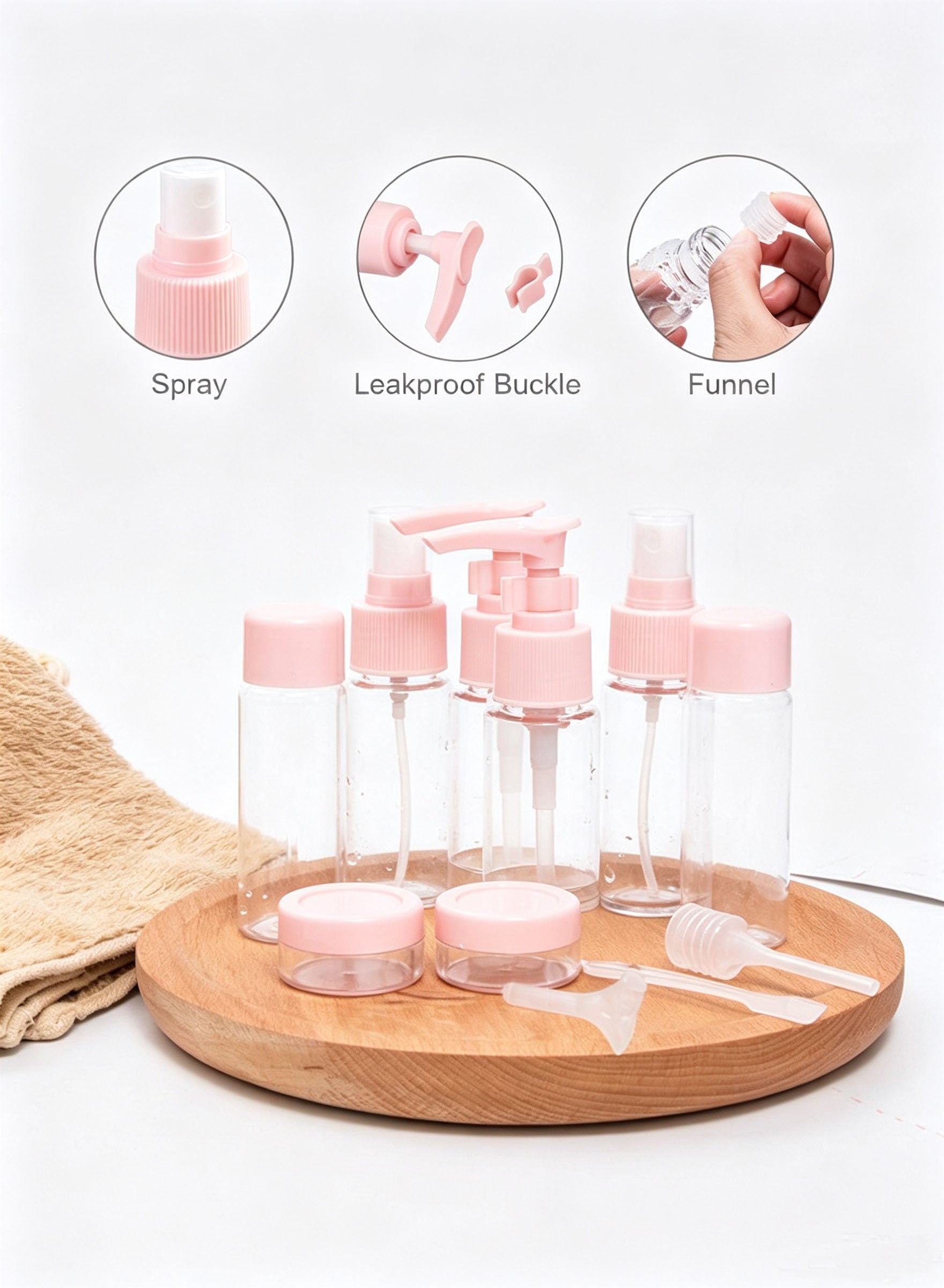 Travel bottles features: spray, leakproof buckle, funnel