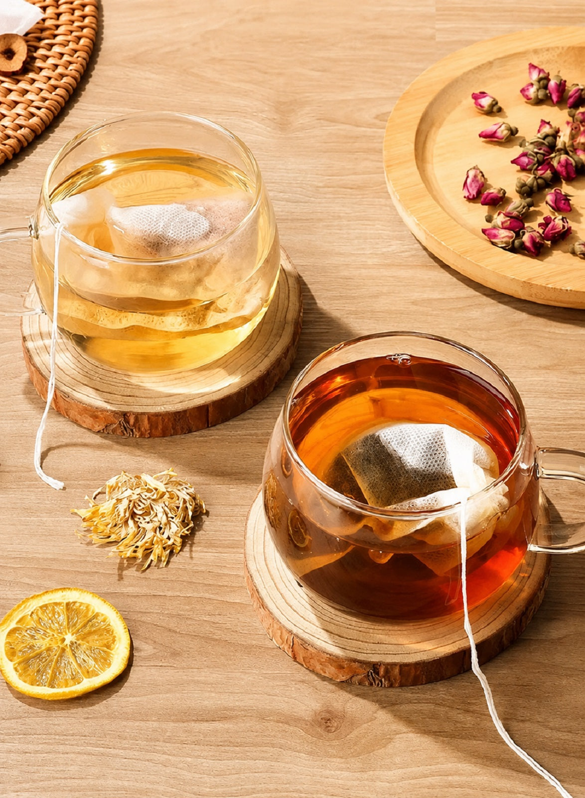 Tea filter bags in use in glass cups